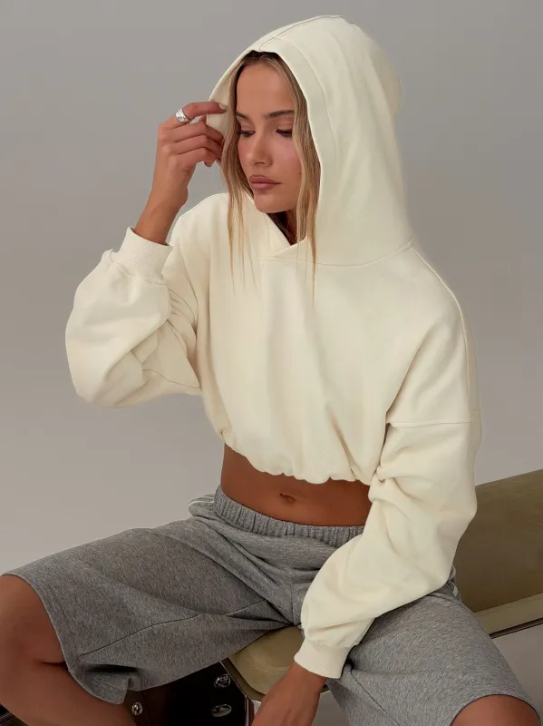 Mayse Bubble Hem Cropped Hoodie Cream made by Princess Polly