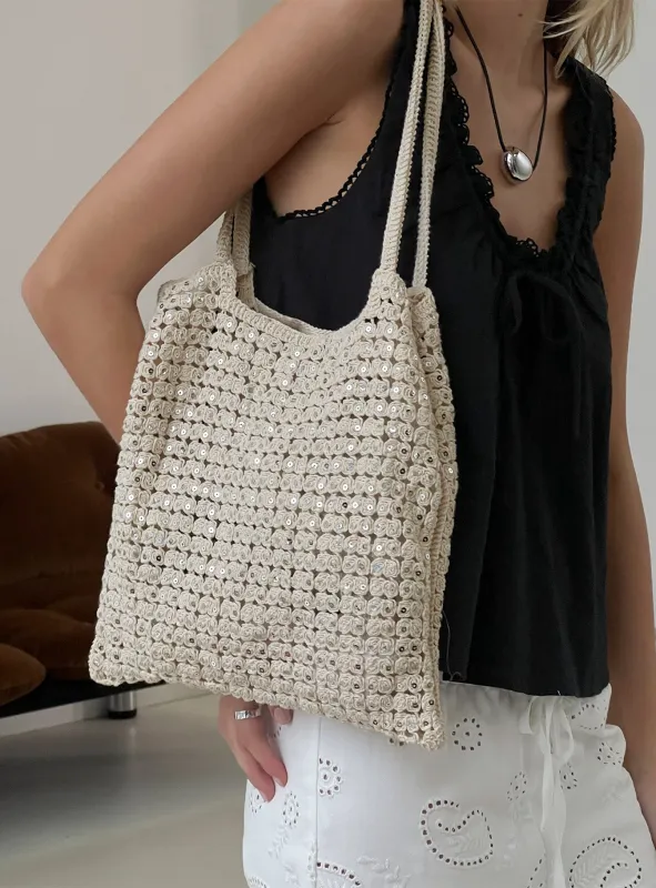 Moon Glow Crochet Metallic Tote Bag Cream made by Princess Polly