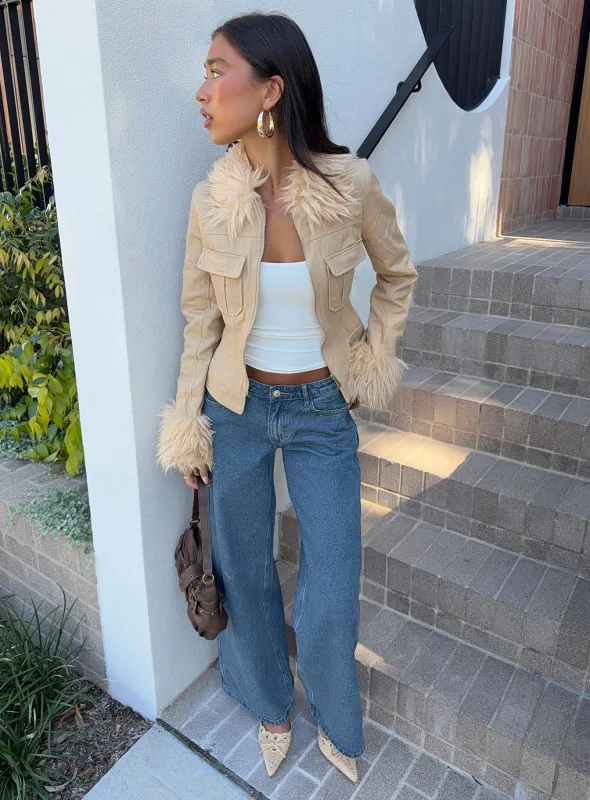 Nindie Faux Fur Contrast Jacket Tan made by Princess Polly
