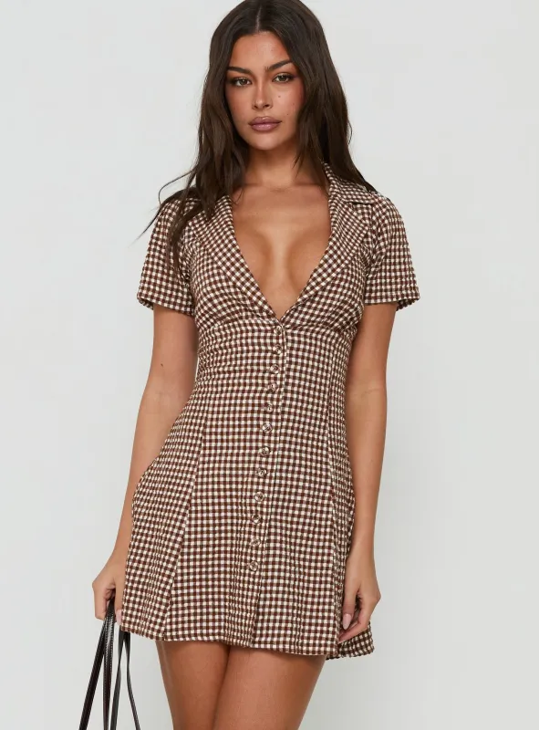 Pique Button Down Mini Dress Brown Gingham made by Princess Polly