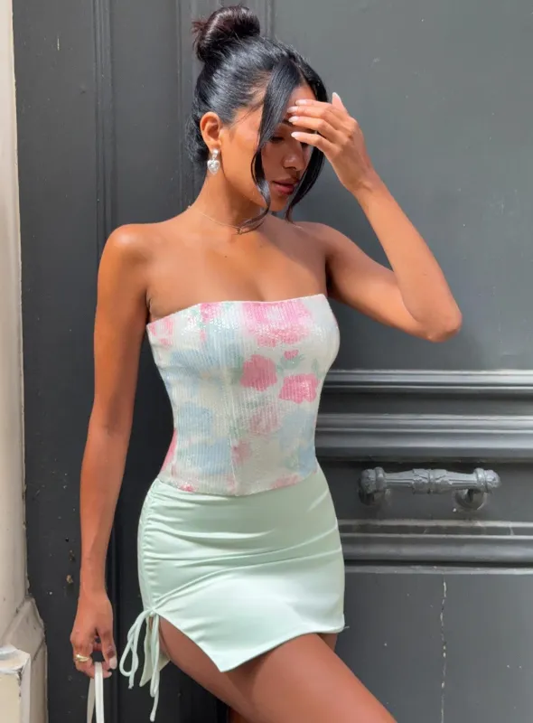 Jessicka Strapless Floral Sequin Mini Dress Aqua made by Princess Polly