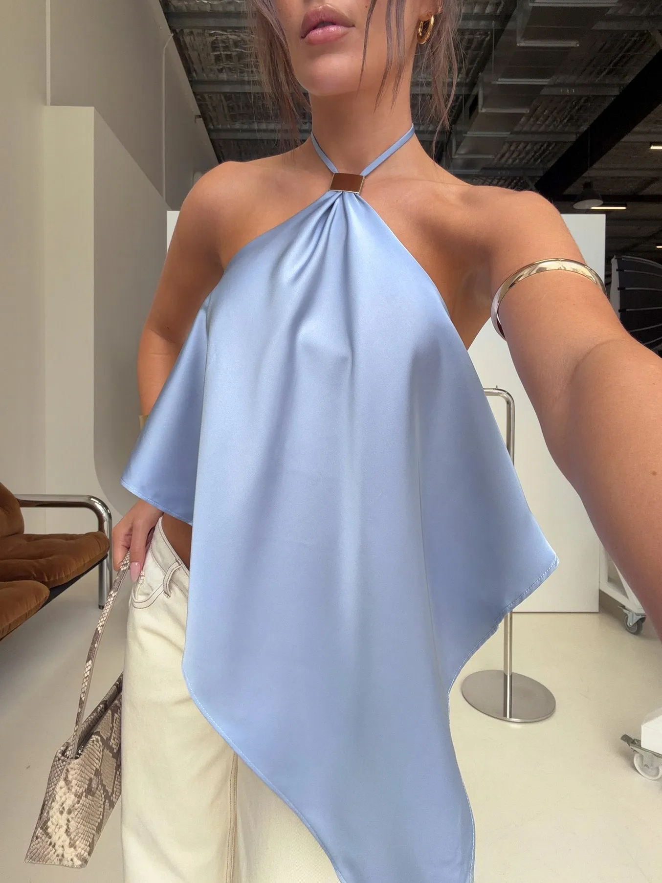 Lisada Halter Asymmetrical Top Blue sold by Princess Polly