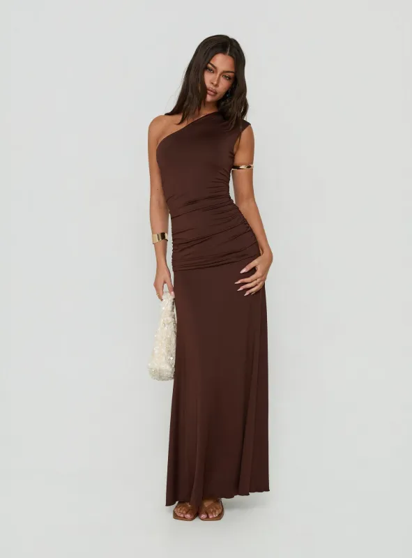 Gwenneth One Shoulder Maxi Dress Chocolate made by Princess Polly