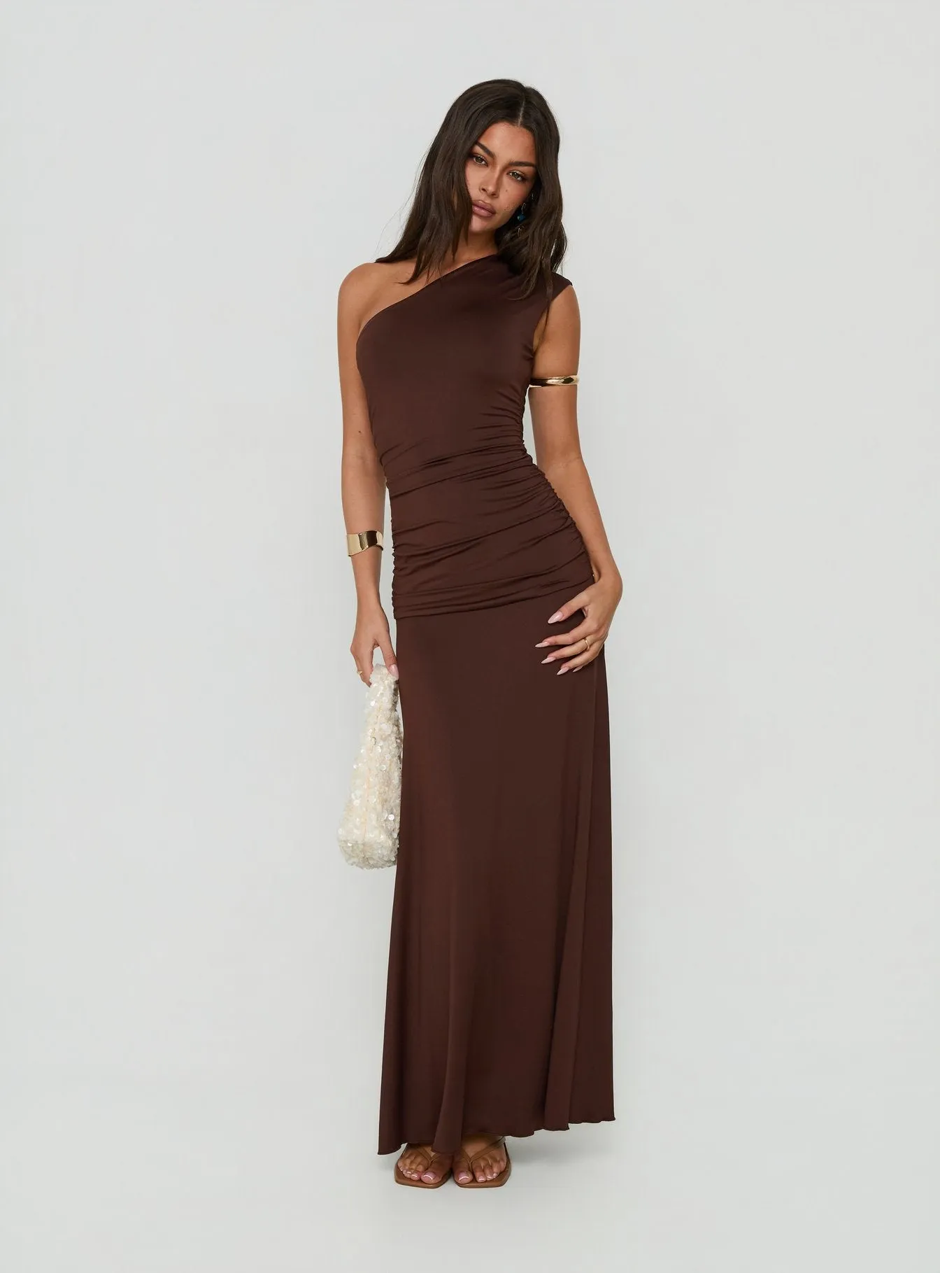 Gwenneth One Shoulder Maxi Dress Chocolate sold by Princess Polly