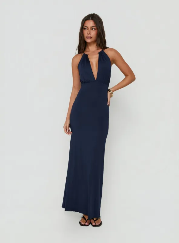 Dionira Plunge Halter Maxi Dress Navy made by Princess Polly
