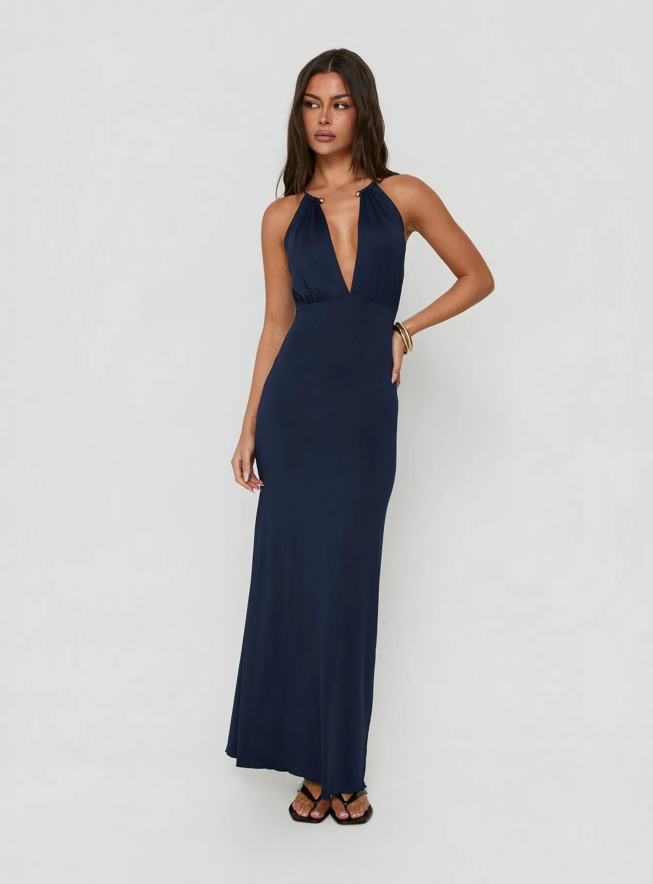 Dionira Plunge Halter Maxi Dress Navy sold by Princess Polly