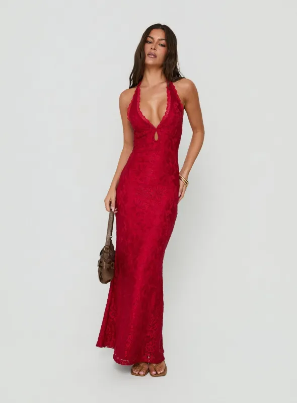 Kalaia Lace Halter Maxi Dress Red made by Princess Polly