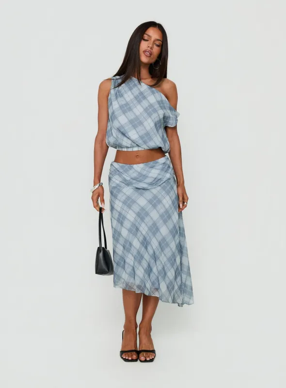 Sabbine Asymmetrical Midi Skirt Blue Check made by Princess Polly