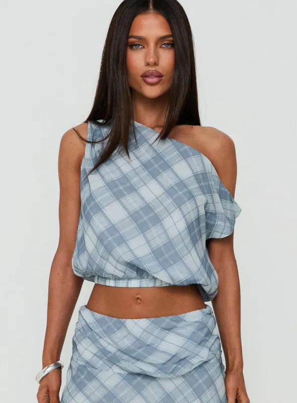 Sabbine Off Shoulder Top Blue Check made by Princess Polly