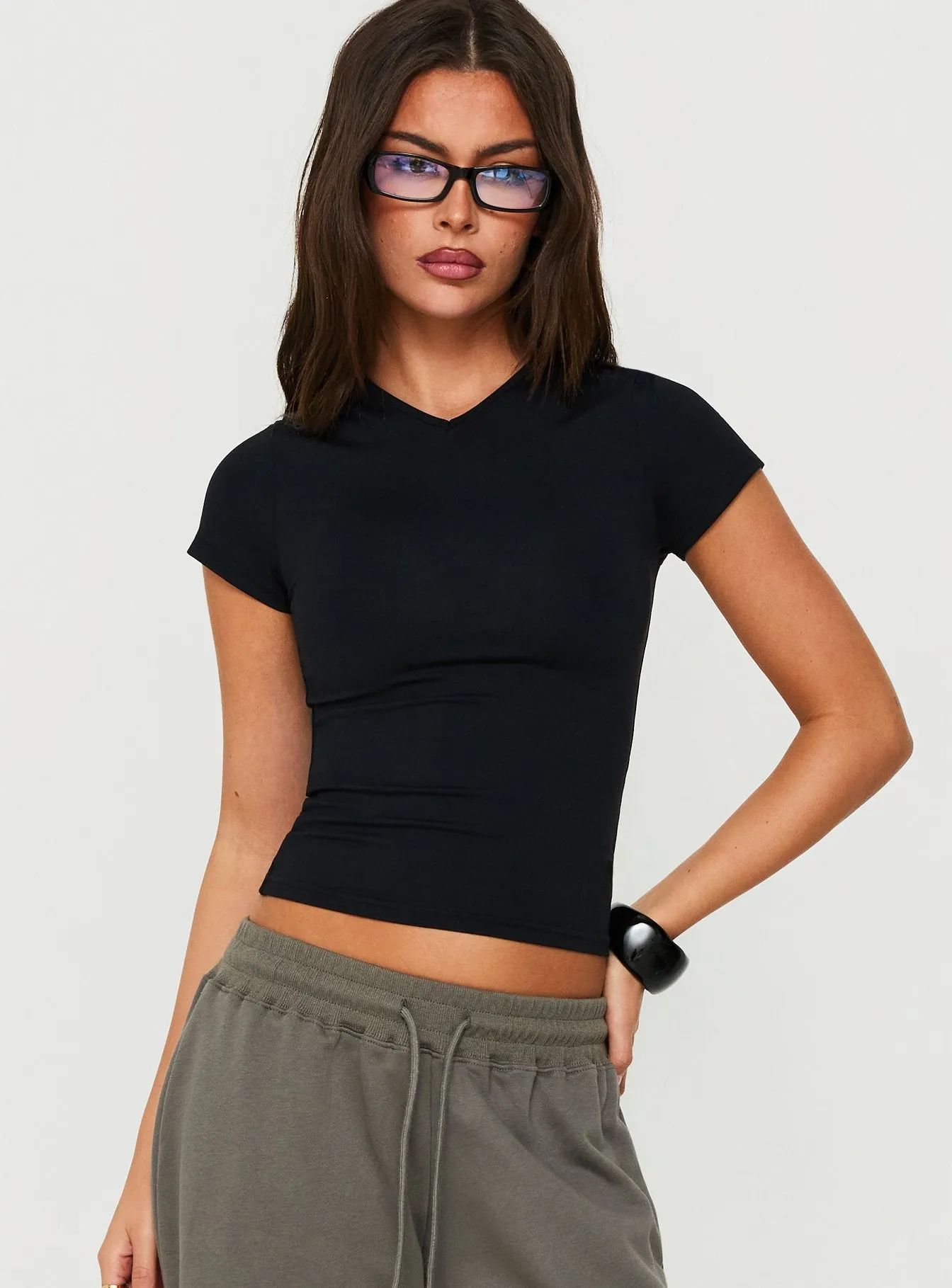 Daily Define High V Neck Short Sleeve Top Black sold by Princess Polly