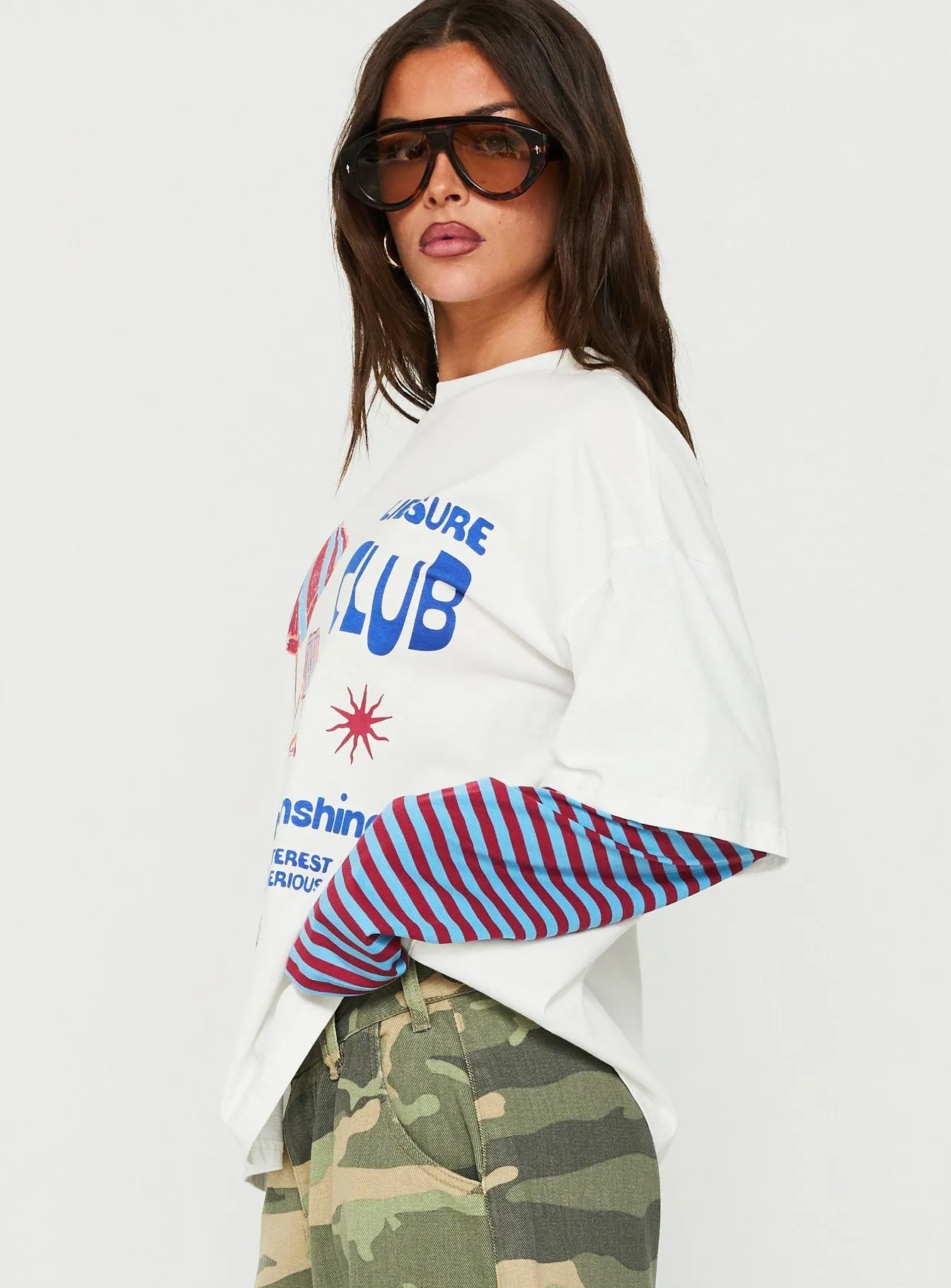 Enjoy The Sunshine Layered Long Sleeve Graphic Tee White / Blue Stripe sold by Princess Polly product image thumbnail 4