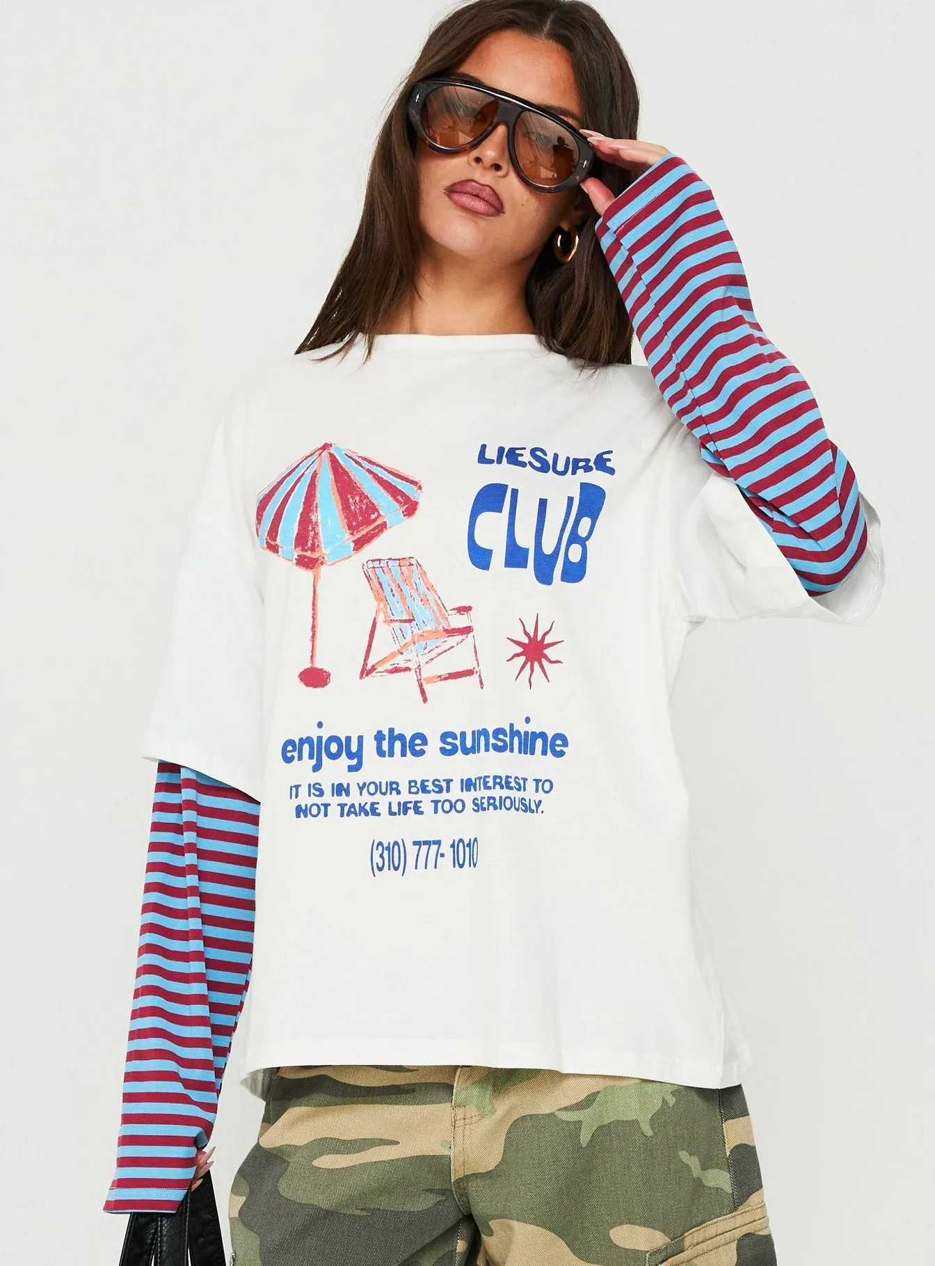 Enjoy The Sunshine Layered Long Sleeve Graphic Tee White / Blue Stripe sold by Princess Polly product image thumbnail 2
