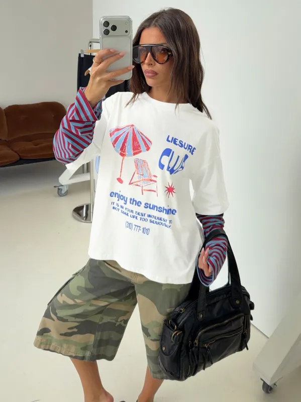 Enjoy The Sunshine Layered Long Sleeve Graphic Tee White / Blue Stripe made by Princess Polly