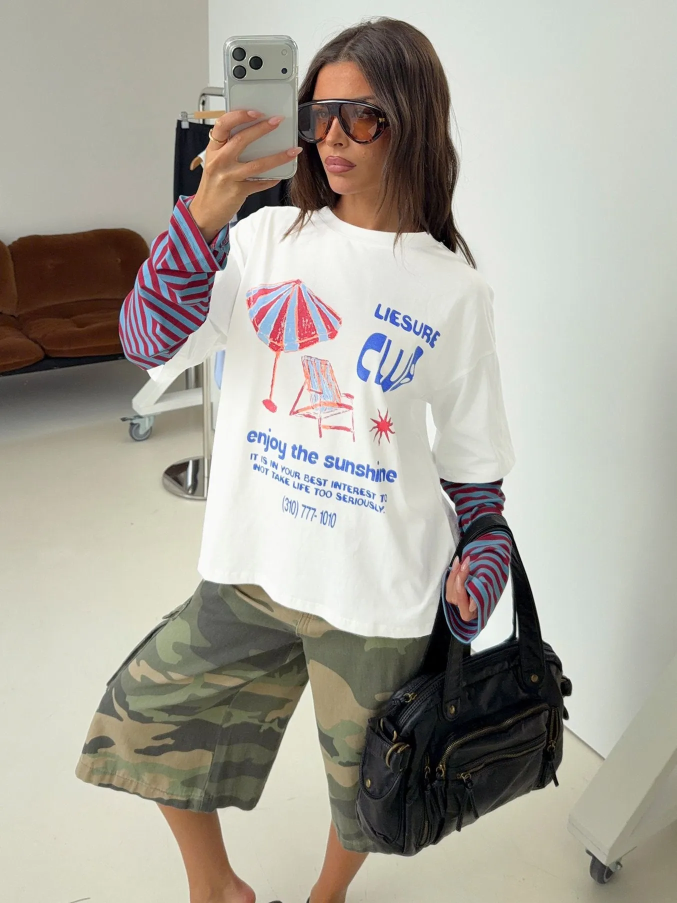 Enjoy The Sunshine Layered Long Sleeve Graphic Tee White / Blue Stripe sold by Princess Polly