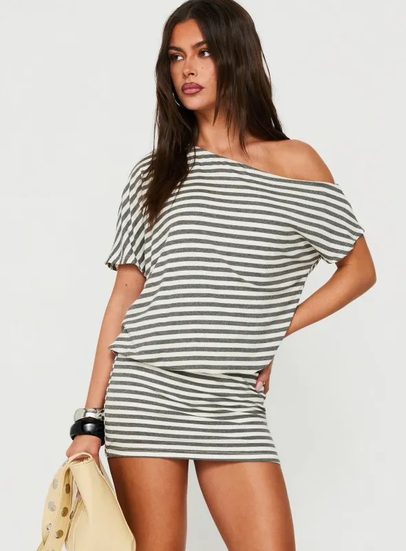 Jamelle Off Shoulder Mini Dress Charcoal / Cream Stripe made by Princess Polly