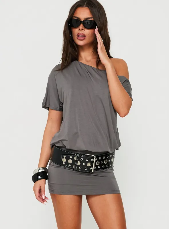 Jamelle Off Shoulder Mini Dress Slate made by Princess Polly