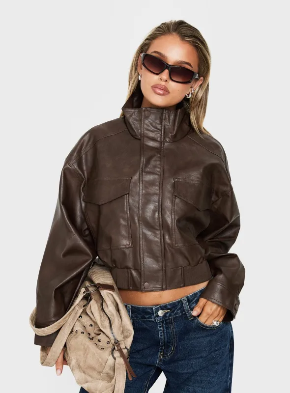Ace Player Funnel Neck Faux Leather Jacket Brown made by Princess Polly
