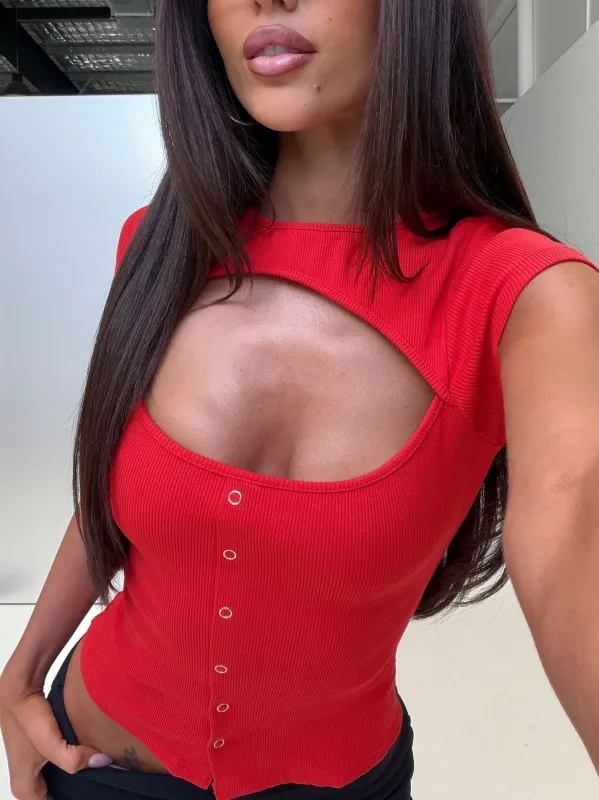 Jaidyn Keyhole Ribbed Top Red made by Princess Polly