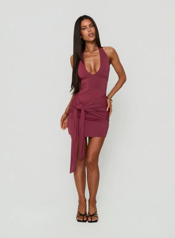Poppee Halter Tie Detail Mini Dress Burgundy made by Princess Polly