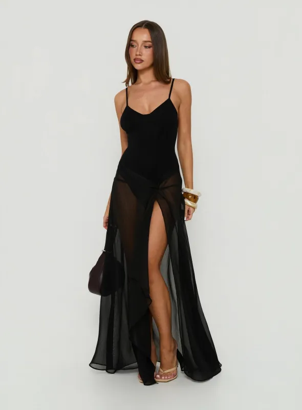 Avra Sheer Bodysuit Maxi Dress Black made by Princess Polly
