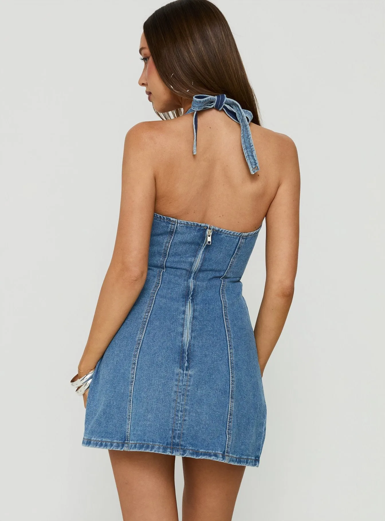 Say Goodnight Denim Halter Mini Dress Bright Blue Wash sold by Princess Polly product image thumbnail 4