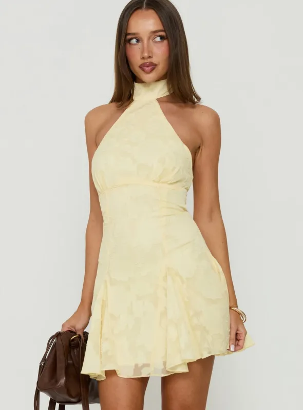 Bellanca Halter Pleat Mini Dress Butter Yellow Burnout made by Princess Polly