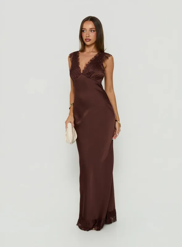 Kiinney Lace Trim Sleeveless Maxi Dress Brown made by Princess Polly