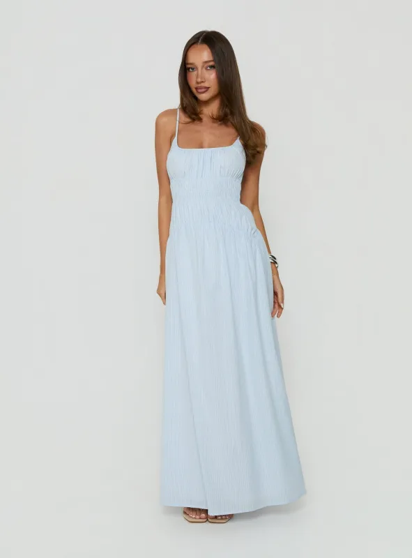 Magnolie Shirred Maxi Dress Blue Stripe made by Princess Polly