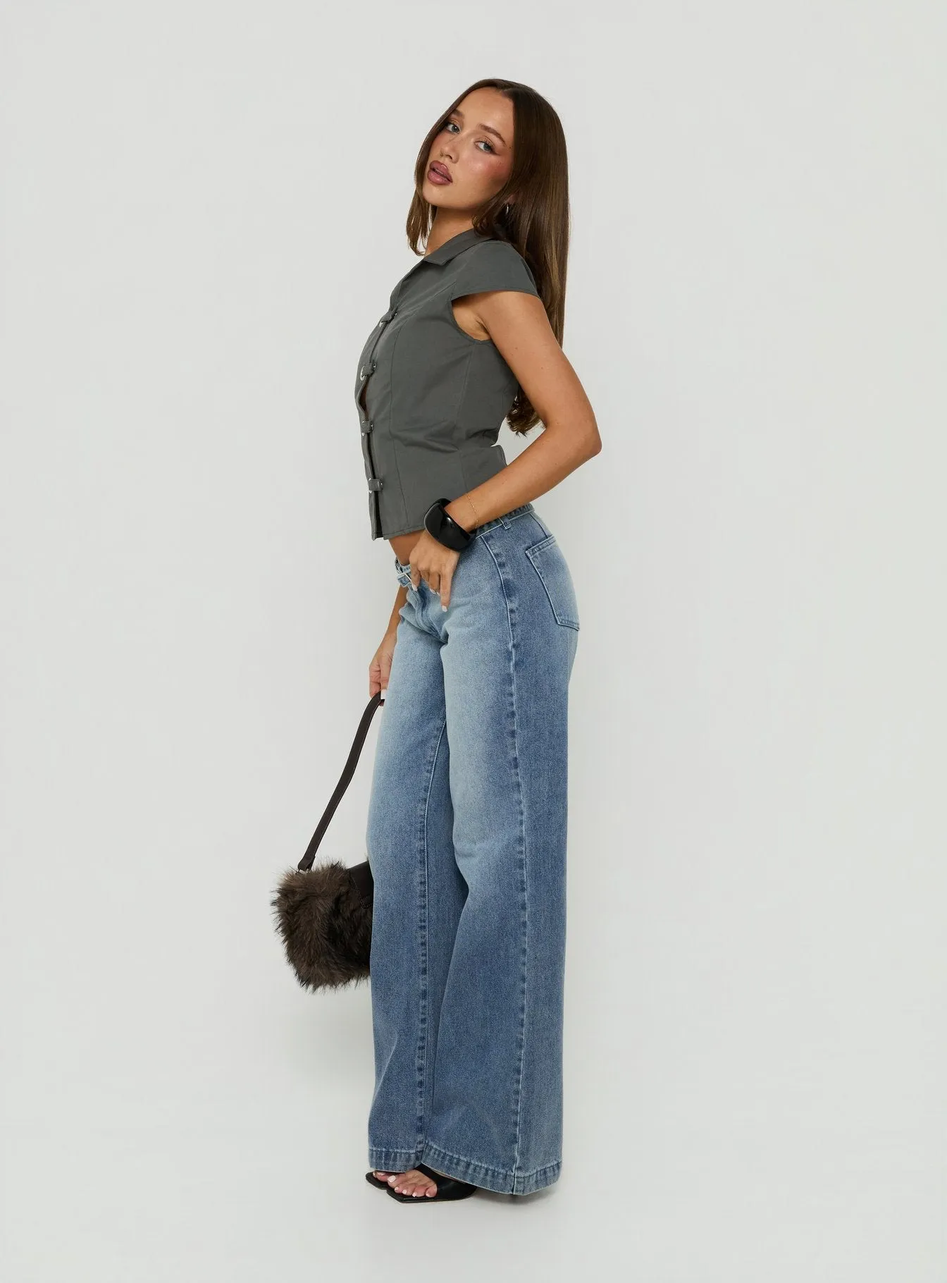 Nadiana Low Rise Belted Baggy Jeans Light Wash Blue sold by Princess Polly product image thumbnail 4