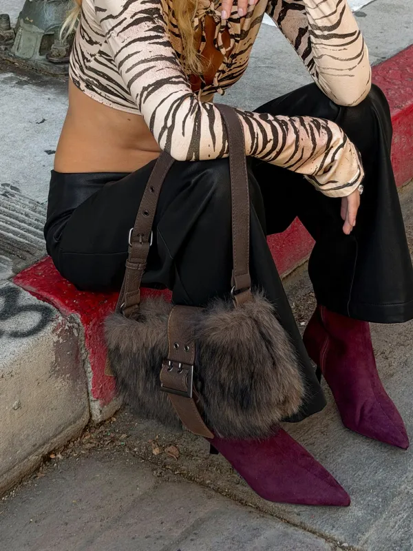 Elliot Faux Fur Shoulder Bag Brown made by Princess Polly