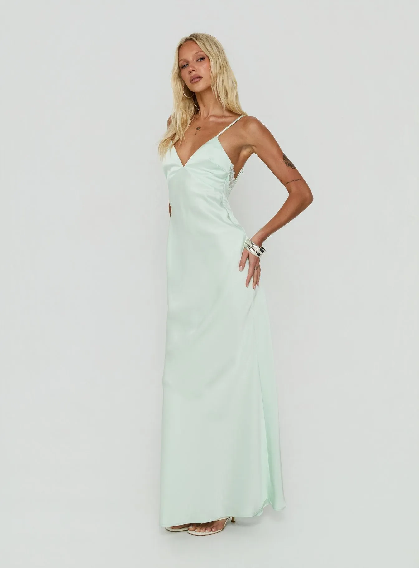 Flip A Switch Satin Lace Slip Maxi Dress Mint sold by Princess Polly product image thumbnail 4