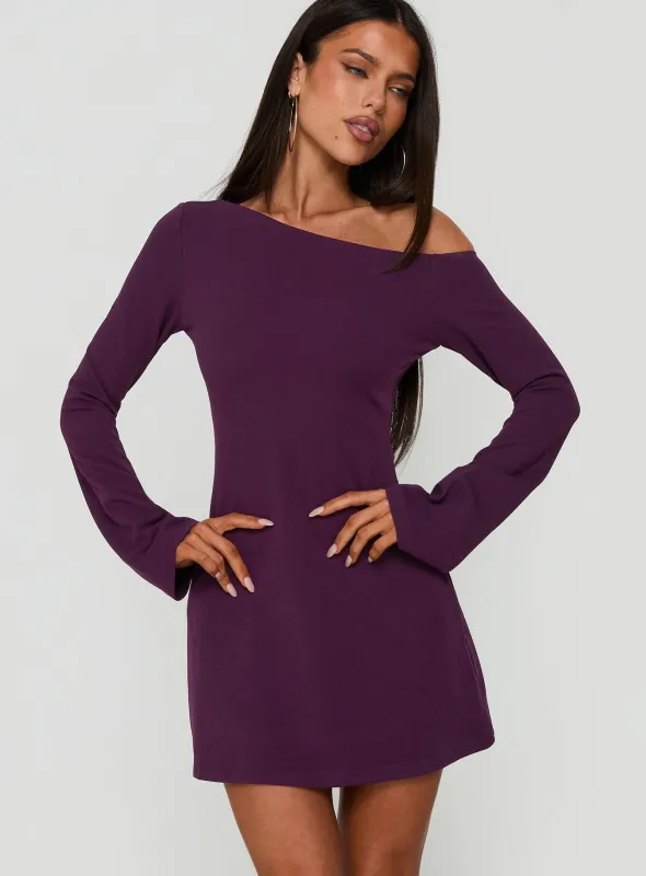 Adrietta Long Sleeve Off Shoulder Mini Dress Plum Noir made by Princess Polly