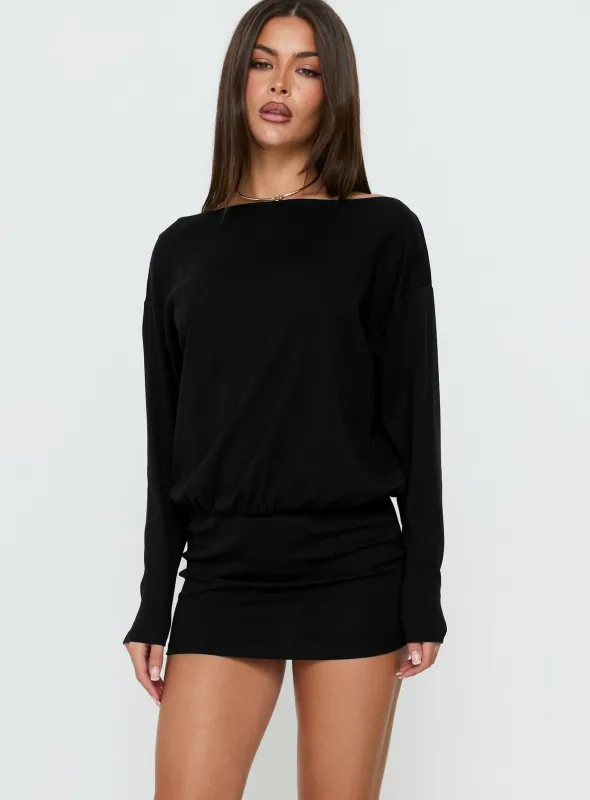 Worlds Away Long Sleeve Blouson Mini Dress Black made by Princess Polly
