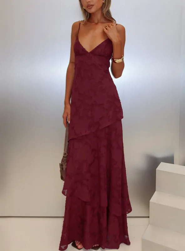 Lyricah Tiered Tie Back Maxi Dress Burgundy Petite made by Princess Polly