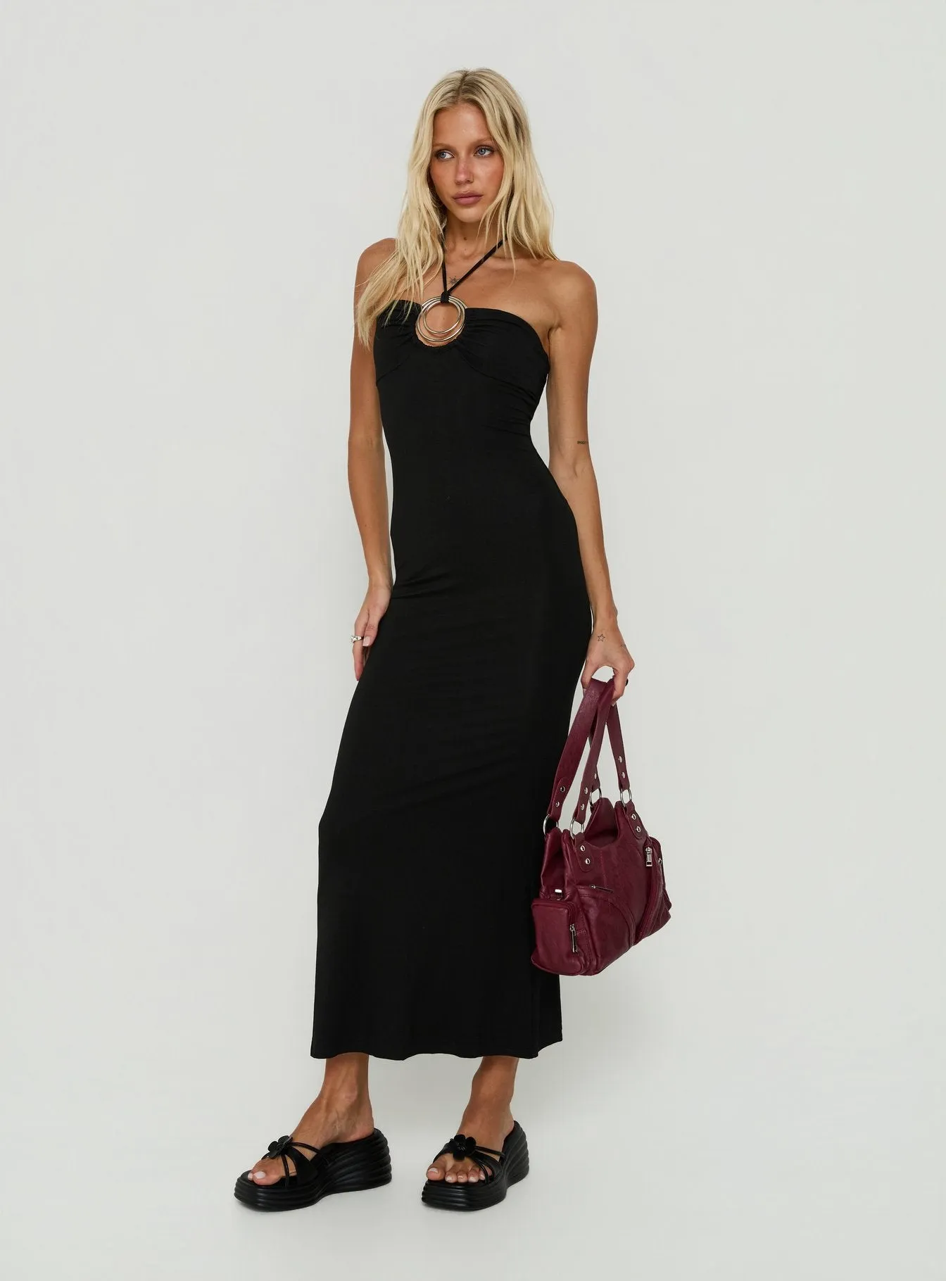 Betsey Ring Detail Tie Neck Dress Black sold by Princess Polly product image thumbnail 2
