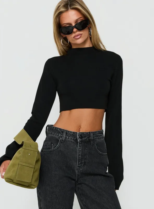 Georgily Funnel Neck Long Sleeve Crop Top Black made by Princess Polly