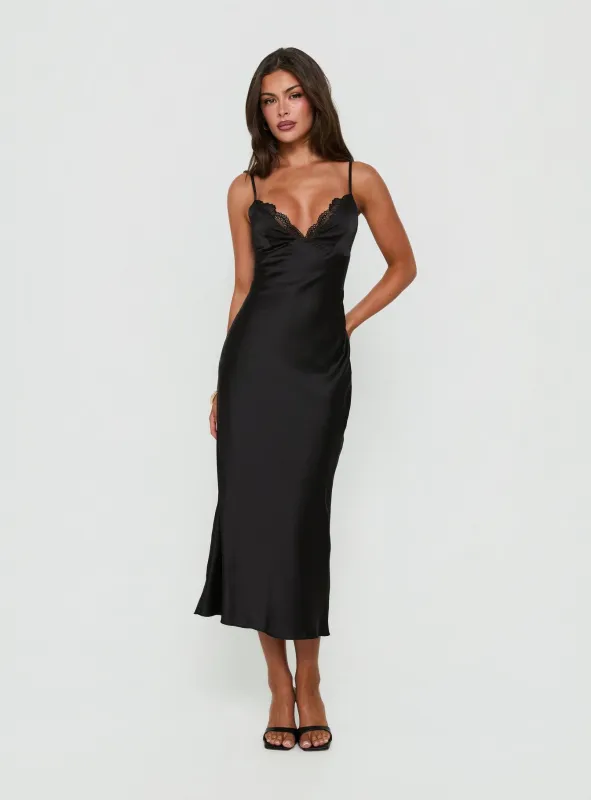 Declanna Satin Lace Trim Slip Midi Dress Black made by Princess Polly