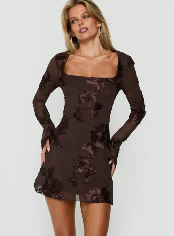 Better Love Long Sleeve Mini Dress Chocolate Floral made by Princess Polly
