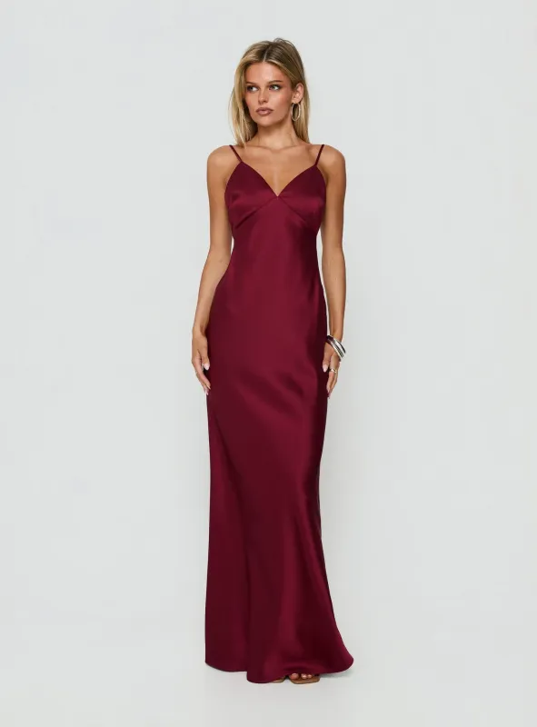 Flip A Switch Satin Lace Slip Maxi Dress Burgundy made by Princess Polly