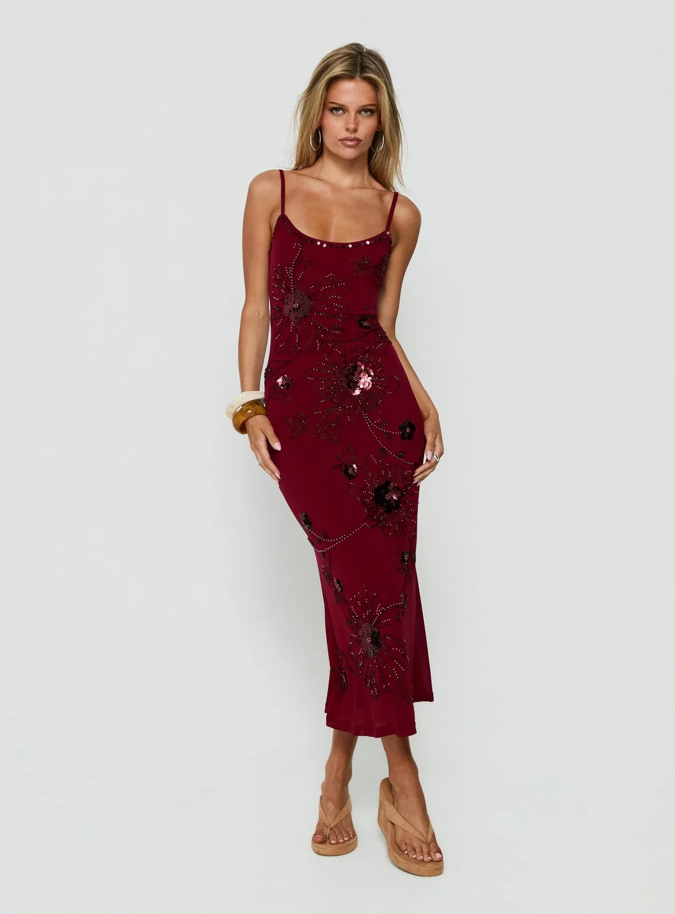 Daphie Beaded Midi Dress Burgundy sold by Princess Polly