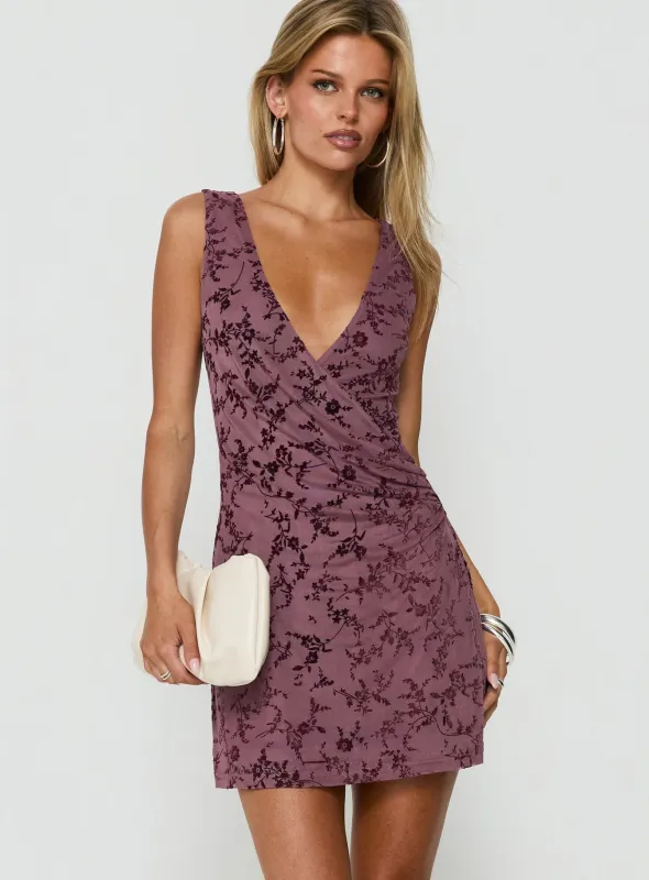 Dawsonne Plunge Neck Twist Front Mini Dress Plum Floral made by Princess Polly