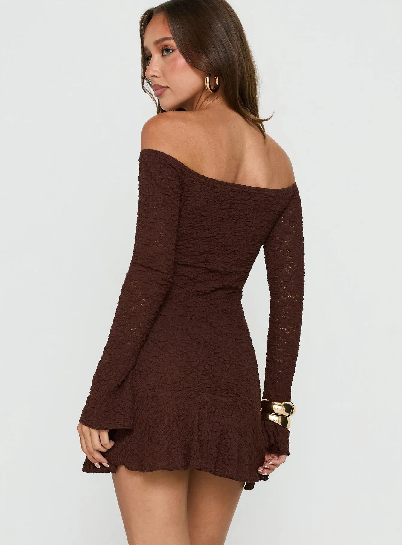 Vancesca Off Shoulder Long Sleeve Mini Dress Chocolate sold by Princess Polly product image thumbnail 4