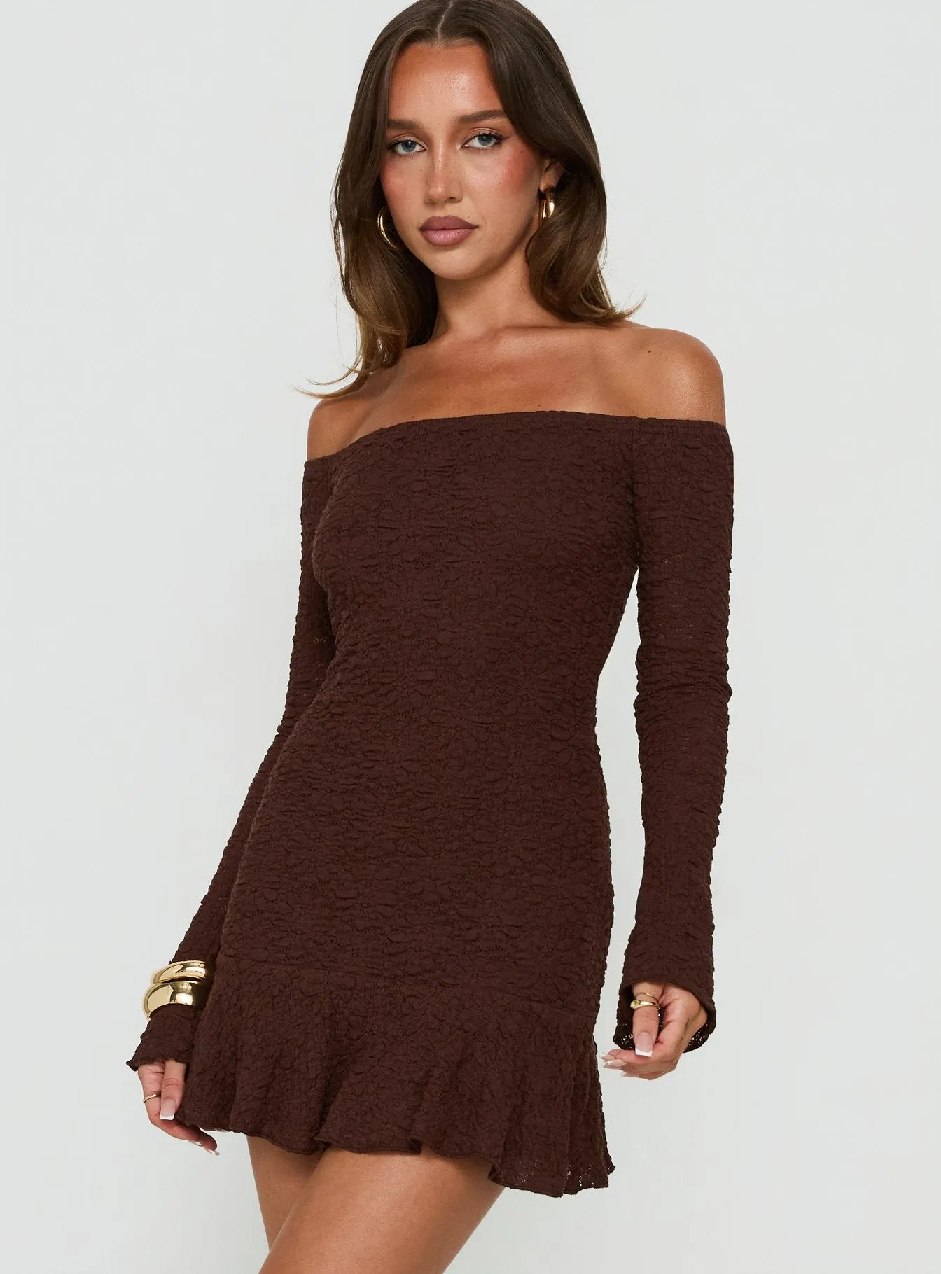 Vancesca Off Shoulder Long Sleeve Mini Dress Chocolate sold by Princess Polly