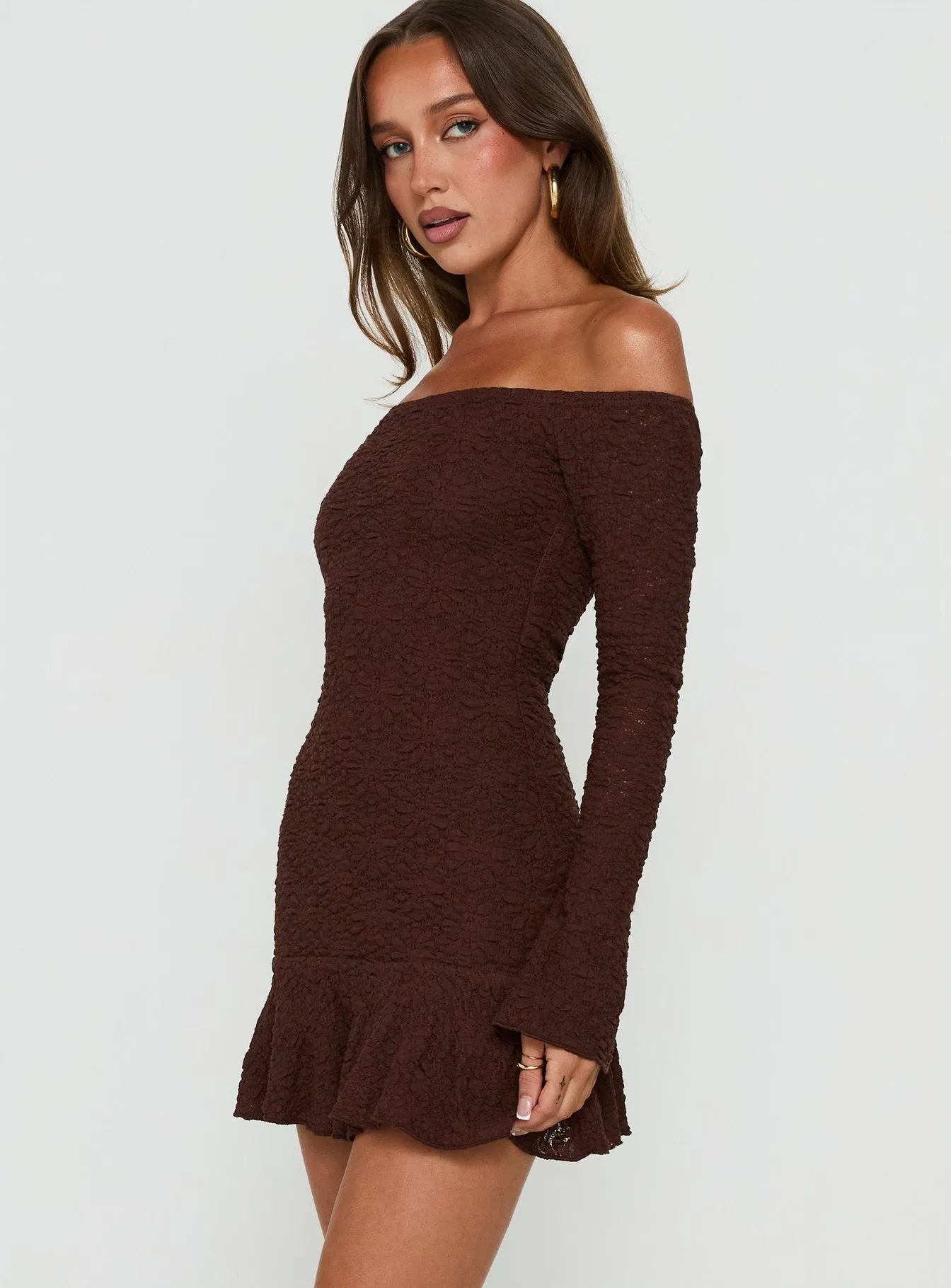 Vancesca Off Shoulder Long Sleeve Mini Dress Chocolate sold by Princess Polly product image thumbnail 3