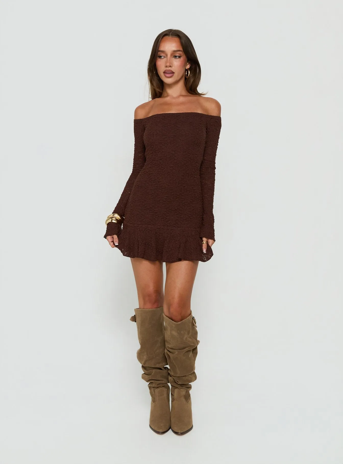 Vancesca Off Shoulder Long Sleeve Mini Dress Chocolate sold by Princess Polly product image thumbnail 2