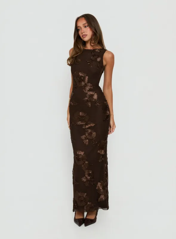 Fionna Floral Maxi Dress Chocolate made by Princess Polly