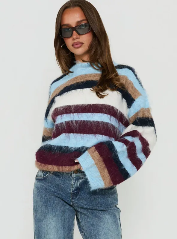 Ellissah Fluffy Sweater Blue Multi Stripe made by Princess Polly