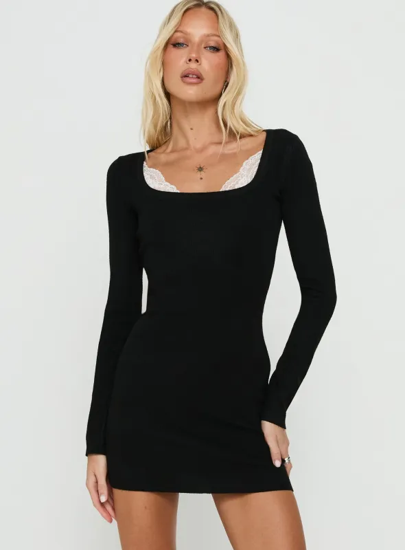 Orlla Square Neck Lace Detail Long Sleeve Mini Dress Black made by Princess Polly