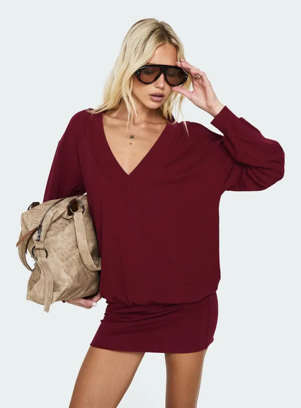 Solena Blouson V Neck Knit Mini Dress Burgundy made by Princess Polly