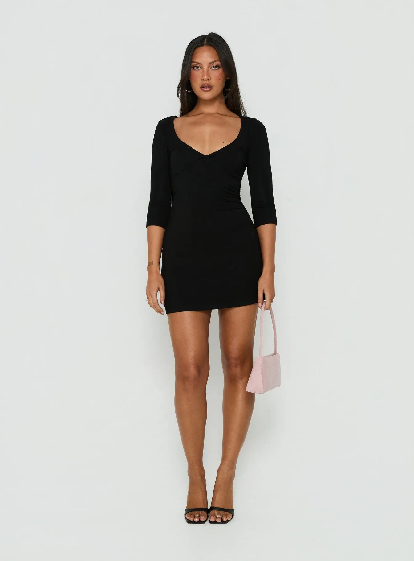 Florisa 3/4 Sleeve V Neck Mini Dress Black sold by Princess Polly product image thumbnail 3